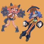  2girls :d alternate_costume alternate_hairstyle animal_ears ascot blue_eyes blue_nails blue_shorts blue_skin breasts chibi chibi_only claw_pose colored_skin commentary_request cookie_(touhou) crop_top dress fake_animal_ears fake_tail fangs fingernails full_body halloween hat head_wings highres jiangshi long_hair looking_at_viewer medium_hair multiple_girls multiple_persona open_mouth orange_background orange_dress orange_eyes orange_hair orange_hat pyukasshori sasorihime_(cookie) shirt shorts simple_background small_breasts smile tail werewolf_costume white_shirt wings wolf_ears wolf_tail 