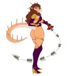 alternate_costume anthro aquilops bandai_namco big_butt biped boots breasts brown_hair butt ceratopsian clothed clothed_anthro clothed_female clothing colored cosplay dinosaur facial_horn female footwear frown goodbye_volcano_high hair high_heels holding_object holding_weapon horn ivy_valentine legwear long_hair long_tail looking_at_viewer looking_back low-angle_view medium_breasts non-mammal_breasts orange_body orange_scales ornithischian prehistoric_species protonmono rear_view red_eyes reptile rosa_(gvh) scales scalie shoes simple_background skimpy solo soul_calibur spiked_tail spikes spikes_(anatomy) tail thigh_boots thigh_highs weapon whip white_background white_body white_scales wristband