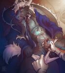animal_genitalia animal_penis anthro anxiouslynx asian_mythology balls bed black_body bodily_fluids clothed clothing dragon duo east_asian_mythology eastern_dragon eyes_closed fingering fozu fur furniture genital_fluids genitals hair hi_res horn lying male male/male mythological_creature mythological_scalie mythology on_back partially_clothed penis robe robe_only scalie sex sheath sheath_fingering sheath_play sleep_sex sleeping solo tail underwear underwear_down