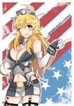 ahoge american_flag ass_visible_through_thighs blonde_hair breasts character_name cleavage copyright_name cosplay elbow_gloves front-tie_top garter_straps gloves green_eyes hand_on_hip headgear highres hoshii_miki idolmaster idolmaster_(classic) iowa_(kantai_collection) iowa_(kantai_collection)_(cosplay) kantai_collection kowaremashita large_breasts long_hair look-alike microskirt mismatched_legwear one_eye_closed skirt solo striped striped_legwear thighhighs tongue tongue_out vertical-striped_legwear vertical_stripes 