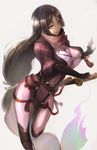  &gt;:) armor bangs black_hair bodysuit breasts closed_mouth commentary_request cowboy_shot fate/grand_order fate_(series) from_side highres holding holding_sword holding_weapon japanese_armor katana kote large_breasts long_hair looking_at_viewer looking_to_the_side low-tied_long_hair minamoto_no_raikou_(fate/grand_order) parted_bangs pink_eyes purple_bodysuit shirokuma1414 smile solo sword v-shaped_eyebrows very_long_hair weapon 