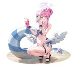  1girl angel_wings bikini blue_archive blue_halo blue_scrunchie double_bun drink feathered_wings flower gradient_halo hair_bun hair_flower hair_ornament hair_scrunchie halo highres holding holding_drink holding_phone innertube mika_(blue_archive) multicolored_halo navel o_cha_(seyc3447) phone pink_hair pink_halo scrunchie sidelocks smile squatting swim_ring swimsuit teeth thigh_strap upper_teeth_only white_scrunchie white_wings wings wrist_scrunchie 