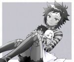  1girl :3 allen_walker arm_ribbon black_nails black_shorts border d.gray-man daraku_(daraku39) dark-skinned_female dark_skin doll dress facial_mark forehead_mark grey_background greyscale holding holding_doll hugging_doll hugging_object legs light_smile looking_at_doll looking_down messy_hair mole mole_under_eye monochrome neck_ribbon noah_(d.gray-man) outside_border ribbon road_kamelot scar scar_across_eye scar_on_face short_hair shorts sidelocks simple_background sitting solo spiked_hair strapless strapless_dress stuffed_toy thighhighs thighs torn_clothes torn_thighhighs tyki_mikk white_border white_dress white_hair yellow_eyes 