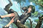  1girl :3 black_serafuku blue_eyes blue_sky game_cg green_hair highres in_tree kaguyuzu kuryo_nozomi looking_at_viewer nature nie_no_hakoniwa non-web_source outdoors school_uniform serafuku short_hair sitting skirt sky smile solo sparkling_eyes sunlight tree 