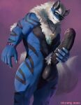 anthro arcanine balls big_balls big_penis bitfang black_body black_penis blue_body bodily_fluids bracelet claws cum eyewear finger_claws foreskin generation_1_pokemon genital_fluids genitals glasses hi_res holding_penis huge_penis humanoid_genitalia humanoid_penis jewelry male muscular muscular_anthro muscular_male necklace nintendo nude_anthro nude_male penile penis pink_background pokemon pokemon_(species) pubes purple_background simple_background solo standing tail wearing_glasses