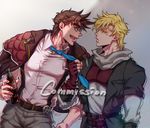  adam's_apple anz battle_tendency blonde_hair blue_eyes brown_hair caesar_anthonio_zeppeli cola facial_mark fingerless_gloves gloves green_eyes jacket jacket_on_shoulders jojo_no_kimyou_na_bouken joseph_joestar_(young) male_focus multiple_boys necktie necktie_grab neckwear_grab open_mouth red_gloves shade signature smile soda_bottle suspenders sweatdrop watermark 