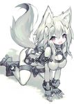  :d all_fours animal_ear_fluff animal_ears bangs blush boots breasts cleavage commentary_request eyebrows_visible_through_hair fang fingerless_gloves fox_ears fox_girl fox_tail full_body gloves grey_gloves grey_hair hair_between_eyes large_breasts long_hair looking_at_viewer mamuru open_mouth original pink_eyes simple_background smile solo tail thigh_strap thighs white_background 