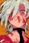  1boy absurdres albino blood bright_pupils eyelashes frown highres jojo_no_kimyou_na_bouken male_focus necktie nosebleed pannacotta_fugo red_eyes taranome1139 uneven_eyes vento_aureo white_hair white_pupils 