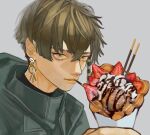  ambiguous_gender androgynous brown_hair chocolate-covered_food chocolate_syrup crescent dessert earrings eye_symbol eyebrow_cut food fruit hair_between_eyes holding holding_food ice_cream jewelry looking_at_viewer original pocky short_hair simple_background solo strawberry sweets whipped_cream yksm_ktn 