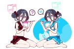  2girls ? aris_(blue_archive) barefoot black_hair black_shirt black_skirt blue_archive blue_eyes blue_skirt blush bow closed_mouth crop_top cup double_bun dress flat_chest food full_body hair_between_eyes hair_bow hair_bun halo heart holding holding_cup holding_spoon jitome kei_(blue_archive) looking_at_viewer midriff multiple_girls navel pink_eyes sailor_collar shaved_ice shirt simple_background sitting skirt sleeveless sleeveless_dress sleeveless_shirt smile speech_bubble spoken_question_mark spoon toes tongue tongue_out v-shaped_eyebrows wariza white_background white_shirt yoru_nai 