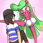  1boy 1girl angry blush male_protagonist_(pokemon_sm) plant_girl pokemon pokemon_(game) pokemon_sm text tsareena 
