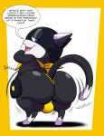 absurd_res anthro belt belt_pouch big_butt black_body black_fur bulge butt clothing dialogue domestic_cat felid feline felis fur hi_res kerchief looking_back male mammal markings mask morgana_(persona) motion_lines neckerchief neckwear onomatopoeia persona_(series) persona_5 shaking_butt short_stack simple_background smile solo sound_effects tail tail_markings teapot_(body_type) tepigfan101 text thick_thighs thong tuxedo_cat underwear white_body white_fur yellow_clothing yellow_thong yellow_underwear