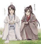  2boys :d animal black_eyes black_hair black_hanfu blush chinese_clothes closed_mouth grass hanfu headband high_ponytail holding holding_animal holding_rabbit lan_sizhui long_hair long_sleeves looking_at_animal male_focus modao_zushi multiple_boys open_mouth ponytail rabbit robe sash seiza sidelocks simple_background sitting sleeves_past_wrists smile squatting tassel w2biiro wei_wuxian white_background white_hanfu white_headband white_rabbit_(animal) wide_sleeves xiao_guan_(headdress) yaopei 