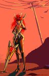  amou_kanade artist_request bird bodysuit boots full_body headgear high_heels holding holding_weapon horned_headwear long_hair looking_to_the_side polearm power_lines red_background red_eyes red_hair senki_zesshou_symphogear skin_tight solo source_request spear spiked_hair standing telephone_pole thigh_boots thighhighs vambraces weapon 