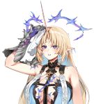  1girl bare_shoulders black_collar blonde_hair blue_eyes blue_hair breasts collar colored_inner_hair commentary crown_of_thorns earrings english_commentary fleurdelys_(wuthering_waves) foxyreine hand_on_own_head highres horns huge_breasts jewelry long_hair long_horns multicolored_hair necklace parted_bangs parted_lips pointy_ears sidelocks simple_background single_horn solo sweat tabard tacet_mark_(wuthering_waves) upper_body very_long_hair white_background white_tabard wiping_sweat wuthering_waves yellow_horns 