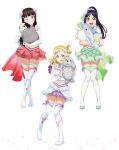  3girls aqua_eyes artbook black_hair blonde_hair blue_hair blunt_bangs blush boots braid crown_braid detached_sleeves flower gloves green_skirt hair_flower hair_ornament hair_rings high_ponytail highres holding holding_stuffed_toy koi_ni_naritai_aquarium kurosawa_dia layered_skirt long_hair looking_at_viewer love_live! love_live!_sunshine!! matsuura_kanan midriff miniskirt mole mole_under_mouth multiple_girls navel non-web_source official_alternate_costume official_art ohara_mari one_eye_closed open_mouth pink_flower ponytail purple_eyes purple_skirt red_skirt ribbon shorts shorts_under_skirt simple_background skirt smile standing stuffed_animal stuffed_toy thigh_boots thighhighs white_background white_gloves yellow_eyes zettai_ryouiki 