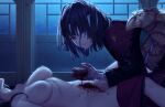  2girls bandaged_head bandages black_hair blood blood_on_face breasts completely_nude corpse futon game_cg gloves guro highres ichikura_madoka japanese_clothes kaguyuzu kimono large_breasts long_hair moonlight multiple_girls nie_no_hakoniwa night nipples non-web_source nude shiki_kyoko short_hair smile uterus 