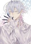  1boy black_nails blue_eyes blue_hair frilled_sleeves frills gavis_bettel gradient_skin grey_hair heterochromia highres holostars holostars_english kxve00248 long_sleeves male_focus medium_hair multicolored_hair neck_ribbon pink_eyes pink_hair ribbon shirt smile solo virtual_youtuber white_ribbon white_shirt 