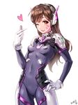  ;d ass_visible_through_thighs bad_id bad_twitter_id bangs bodysuit breasts brown_eyes brown_hair covered_navel cowboy_shot d.va_(overwatch) facepaint gloves hand_on_hip hand_up headphones headset heart hieung long_hair looking_at_viewer one_eye_closed open_mouth overwatch ribbed_bodysuit simple_background small_breasts smile solo swept_bangs white_background white_gloves 