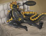 2025 ao_(xavier_h0) beckoning bed clothing cock_vore dialogue dragon furniture genitals gesture glistening glistening_body green_eyes hi_res latex latex_clothing latex_skinsuit male mythological_creature mythological_scalie mythology null_bulge penile penis riggedreded scalie sealed skinsuit squeak squeezing suit teasing tight_clothing trapped vore zipper