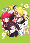 1boy 3girls :3 absurdres arataka_mimi black_hair black_pants black_skirt blonde_hair blue_eyes blush breasts chibi closed_mouth cmyk:_sameda_kazuou_wa_chuunibyou_ga_naosenai commentary_request copyright_name cross-shaped_pupils double_bun drooling flower_symbol frown green_background hair_bun hair_over_one_eye highres hug ikezaki_shian jacket large_breasts long_hair multiple_girls open_mouth oyasumi_makura pants purple_eyes purple_jacket red_eyes red_hair release_celebration sameda_kazuou school_uniform serafuku shaded_face shirt short_hair side_up_bun simple_background skirt smile squatting standing surrounded symbol-shaped_pupils tasogare_kiiro translation_request v-shaped_eyebrows white_shirt 