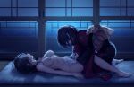  2girls bandaged_head bandages black_hair breasts completely_nude corpse cutting futon game_cg gloves highres ichikura_madoka japanese_clothes kaguyuzu kimono knife large_breasts long_hair moonlight multiple_girls nie_no_hakoniwa night nipples non-web_source nude profile shiki_kyoko short_hair 