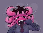 ambiguous_gender anthro black_body black_eyes dragon_fruit fingers_in_own_mouth food food_creature fruit gaping_mouth hi_res lizard looking_at_viewer open_mouth pink_body pitango_(artist) pitango_(character) plant reptile scalie shaded simple_background simple_shading solo teeth