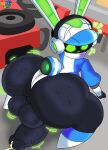 anthro artist_name balls big_balls big_butt big_penis blue_clothing bodily_fluids butt clothed clothing electronics genital_fluids genitals green_eyes green_inner_ear green_mouth gynomorph hat headgear headphones headset headwear hi_res huge_butt huge_penis intersex lagomorph leporid long_ears looking_at_viewer looking_back looking_back_at_viewer machine mammal motion_lines noseless orangedraws penis precum project_turboblast question_mark rabbit rear_view robot screen screen_face sweat sweatdrop sweaty_balls sweaty_butt sweaty_genitalia sweaty_penis tempo_(project_turboblast) text watermark white_ears