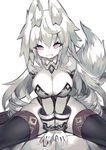  :d animal_ear_fluff animal_ears ass bangs black_legwear blush breasts cleavage commentary_request eyebrows_visible_through_hair fang fox_ears fox_girl fox_tail hair_between_eyes large_breasts long_hair looking_at_viewer mamuru open_mouth original pink_eyes silver_hair simple_background smile solo spread_legs tail thighhighs v_arms white_background 