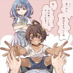  1boy 2girls absurdres ahoge arms_at_sides black_hair blue_bow blue_bowtie blue_eyes blue_hair blue_shorts blush bow bowtie collarbone collared_shirt commentary_request crossed_arms food-themed_hair_ornament fukaku-tei girl_on_top grey_skirt grin hair_ornament half-closed_eyes hetero highres lemon_hair_ornament make_heroine_ga_oo_sugiru! medium_hair multiple_girls nukumizu_kazuhiko panties panty_peek parted_lips pov pov_hands purple_eyes reaching reaching_towards_viewer school_uniform shirt short_hair shorts sitting sitting_on_person skirt smile speech_bubble squatting standing summer_uniform t-shirt tan tanlines translation_request tsuwabuki_high_school_uniform underwear v-shaped_eyebrows white_panties white_shirt wide-eyed yakishio_lemon yanami_anna yellow_bow yellow_bowtie 
