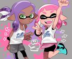  1girl arm_up armpits bike_shorts dark_skin dark_skinned_male green_eyes hakinikui_kutsu_no_mise inkling pink_hair pointy_ears purple_hair shoes sneakers splatoon_(series) splatoon_2 standing standing_on_one_leg tank_top tentacle_hair topknot v wristband 