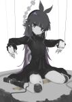  1girl android black_dress black_hair cable colored_skin commission dress expressionless hair_ribbon joints long_hair looking_at_viewer marionette nanatsuki_sousuke original puppet puppet_strings purple_eyes ribbon robot_joints sitting skeb_commission very_long_hair wariza white_skin 