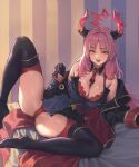  1girl absurdres bare_shoulders black_dress black_jacket black_thighhighs blue_archive blush breasts cleavage demon_girl demon_horns detached_collar dress fangs highres holding holding_pendulum horns jacket ksksksa large_breasts long_hair looking_at_viewer necktie open_mouth panties parted_bangs pendulum pink_hair red_necktie red_panties satsuki_(blue_archive) sidelocks solo sweatdrop teeth thighhighs underwear upper_teeth_only yellow_eyes 
