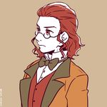  bow bowtie brown_eyes brown_hair classicaloid dramatica franz_schubert_(classicaloid) glasses grey_background jacket limited_palette male_focus sidelocks simple_background solo twitter_username upper_body waistcoat 
