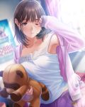  1girl anegasaki_nene armpits blush breasts brown_hair camisole collarbone curtains dutch_angle frilled_camisole frills hand_up holding holding_stuffed_toy hood hood_down hooded_jacket indoors jacket light_rays long_sleeves looking_at_viewer love_plus medium_hair midriff_peek mole mole_under_eye morning official_art one_eye_closed open_clothes open_jacket pants parted_lips pink_jacket poster_(object) purple_eyes purple_pants rubbing_eyes sleepy sleeves_past_wrists solo stuffed_animal stuffed_toy sunbeam sunlight tanuki unzipped upper_body waking_up white_camisole zipper 