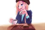  aqua_eyes aqua_shirt beret blazer blonde_hair coffee coffee_mug commentary_request cup dying_(dying0414) earrings eyebrows_visible_through_hair food hair_ornament hairclip hat holding holding_cup ia_(vocaloid) jacket jewelry long_hair looking_to_the_side mug open_mouth ring sandwich shirt simple_background sitting sleeves_past_elbows smile solo upper_body vocaloid white_background 