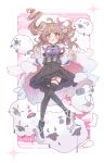  1girl absurdres animal_ears arknights black_pantyhose black_skirt black_thighhighs breasts brown_hair commentary eyjafjalla_(arknights) eyjafjalla_the_hvit_aska_(arknights) full_body highres horns long_hair long_sleeves miniskirt nalphanne pantyhose pink_eyes purple_shirt sheep sheep_ears sheep_girl sheep_horns shirt side_ponytail single_leg_pantyhose single_thighhigh skirt small_breasts solo symbol-only_commentary thighhighs 