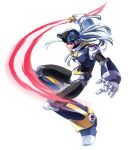  1boy android armor assault_visor black_armor black_helmet dynamo_(mega_man) energy_sword fujino_yuuki full_body grey_hair helmet highres male_focus medium_hair mega_man_(series) mega_man_x_(series) red-tinted_eyewear solo sword tinted_eyewear weapon 