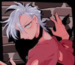  1boy albino clothing_cutout earrings eyelashes fingernails highres jewelry jojo_no_kimyou_na_bouken male_focus pannacotta_fugo parted_lips red_eyes taranome1139 vento_aureo white_hair 