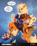after_transformation anthro arcanine big_breasts big_feet blonde_hair breasts canid claws clothing dialogue fangs feet female fur generation_1_pokemon genitals hair hands_on_hips hi_res lordburqan mammal muscular muscular_anthro muscular_female nintendo officer_jenny orange_body orange_fur pawpads pokemon pokemon_(species) police police_officer pose sharp_teeth solo speech_bubble tail teeth toe_claws torn_clothing vulva
