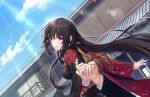  1boy 1girl architecture black_hair black_kimono blue_sky brown_eyes east_asian_architecture game_cg highres holding_hands japanese_clothes kaguyuzu kimono long_hair looking_at_viewer nie_no_hakoniwa non-web_source outdoors shiki_kyoko sky smile solo_focus sunlight town very_long_hair yasaka_kurou 