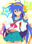 1girl :3 absurdres ahoge blue_hair commentary cosplay english_commentary goodboideogie green_eyes highres izumi_konata kita_high_school_uniform long_hair lucky_star mole mole_under_eye neckerchief red_ribbon ribbon sailor_collar school_uniform serafuku solo star_(symbol) suzumiya_haruhi suzumiya_haruhi_(cosplay) suzumiya_haruhi_no_yuuutsu 