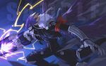  1boy arm_cannon bandana beelzebumon beelzebumon_blast_mode black_jacket black_wings blonde_hair demon_boy digimon digimon_(creature) electricity fang feathered_wings green_eyes highres jacket male_focus onion_maru red_bandana sample_watermark short_hair smirk solo third_eye watermark weapon wings 