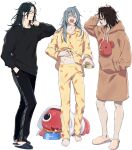  3boys alternate_costume barefoot black_hair black_pants black_slippers black_sweater blue_hair bowl carrot_print closed_eyes dagon_(jujutsu_kaisen) food_print full_body getou_suguru getou_suguru_(kenjaku) glasses hand_in_pocket hand_on_own_head highres jujutsu_kaisen long_hair mahito_(jujutsu_kaisen) male_focus medium_hair multiple_boys no_pants nonockha pajamas pants pet_bowl rectangular_eyewear simple_background slippers squid stitched_arm stitched_face stitched_neck stitches sweater track_pants white_background white_slippers yawning yellow_pajamas 