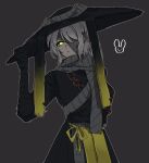  1girl ajirogasa bandaged_arm bandages chain conical_hat faust_(project_moon) grey_background grey_scarf hand_wraps hat heishou_pack-mao_branch_(identity)_(project_moon) highres limbus_company looking_at_viewer one_eye_covered project_moon ribbon rice_hat scarf short_hair simple_background solo standing upper_body white_hair xxed_h yellow_eyes yellow_ribbon 