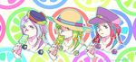  ankuru blue_eyes blue_hair breasts cleavage dixie_cup_hat flower food green_eyes hair_bobbles hair_ornament hat hirose_yasuho jojo_no_kimyou_na_bouken jojolion military_hat multicolored multicolored_eyes multicolored_hair multiple_girls multiple_persona orange_eyes pink_hair popsicle red_eyes rose small_breasts smile sun_hat tongue tongue_out twitter_username two-tone_hair 