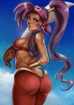  arabian arabian_clothes ass back bandana bandeau blue_eyes bracelet bracer breasts cutlass_(sword) dandon_fuga dark_skin earrings fingernails genie hand_on_hip harem_pants highres hips hoop_earrings jewelry large_breasts legs lips long_hair looking_at_viewer nail_polish pants pointy_ears ponytail puffy_pants purple_hair shantae_(character) shantae_(series) shantae_and_the_pirate's_curse sideboob solo sword teeth thighs tied_hair very_long_hair vest weapon 