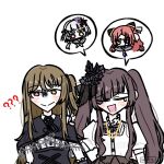  4girls :&gt; ? ?? arm_at_side arms_at_sides artist_name assault_lily black_capelet black_flower black_hairband black_ribbon black_sailor_collar blue_sailor_collar blush bow bow_hairband bright_pupils brown_skirt capelet chibi closed_eyes closed_mouth collared_shirt commentary detached_sleeves diagonal_bangs eye_color_connection flower frilled_sleeves frills green_eyes grey_hair hair_bow hair_flower hair_ornament hair_over_one_eye hair_ribbon hairband hairpods hand_on_another&#039;s_shoulder hand_up heterochromia high-waist_skirt kamigoori_marimo kuo_shenlin looking_at_viewer low_ponytail mayu_(yu_e1602) multiple_girls neck_ribbon neckerchief no_mouth odaiba_girls_high_school_uniform one_side_up open_mouth pink_eyes ponytail puffy_short_sleeves puffy_sleeves purple_flower purple_neckerchief raised_eyebrows red_eyes red_hair ribbon sailor_collar school_uniform shiba_tomoshibi shirt short_sleeves side-by-side sidelocks simple_background single_tear skirt smile speech_bubble spoken_character suspender_skirt suspenders turn_pale twintails upper_body white_background white_neckerchief white_pupils white_shirt yamaguchi_chihiro_(assault_lily) yellow_eyes yurigaoka_girls_academy_school_uniform 