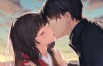  1boy 1girl black_hair black_jacket blush closed_eyes cloud couple game_cg hands_on_another's_shoulder hetero highres jacket japanese_clothes kaguyuzu kimono kiss long_hair nie_no_hakoniwa non-web_source outdoors shiki_kyoko sky twilight yasaka_kurou 