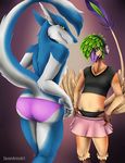  2016 blue_eyes blue_fur clothed clothing crossdressing digital_media_(artwork) dressing duo female fur girly green_eyes green_hair hair headphones looking_at_viewer male male/female nevrean panties peaches sergal sevenarms simple_background skirt smile underwear white_fur 